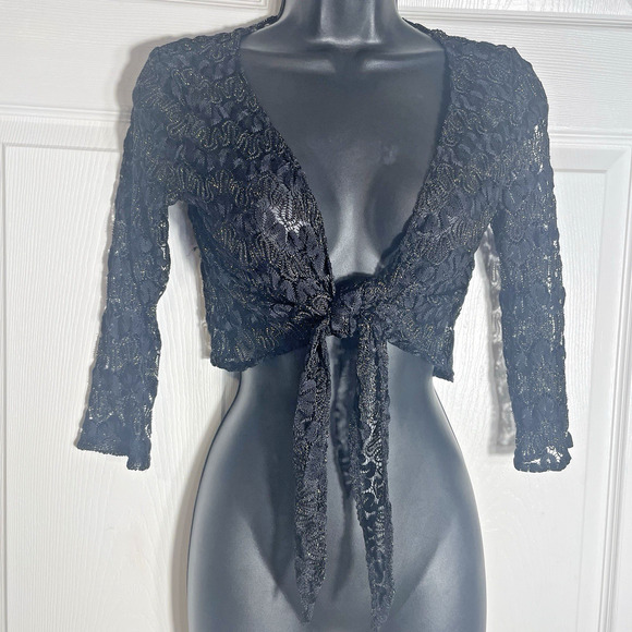 Y2K Jessica Max Top Women Small Black Lace Gold Metallic Tie Front Cropped Goth - Picture 1 of 6
